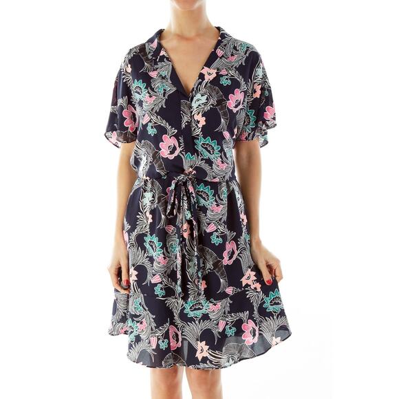 Banana Republic Navy Blue Pink Floral Bird Print Shirt Dress Belted Size 2P - Picture 1 of 13